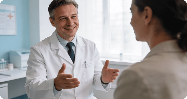 Доктор консультирует женщину в кабинете наркологической клиники